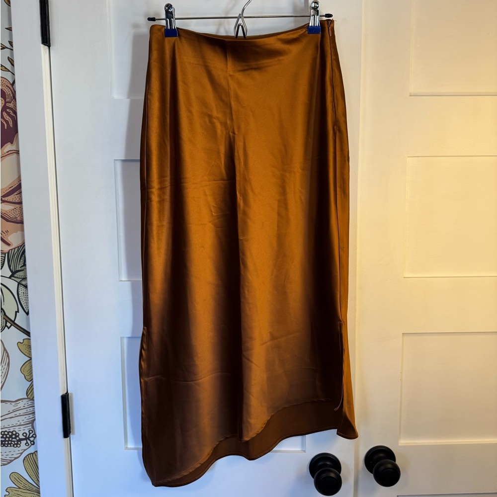 Commense Asymmetric Cut Satin Skirt in Rust